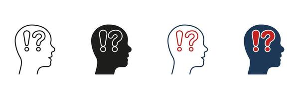 Man Confused Line and Silhouette Icon Set. Human Head with Question Mark, Exclamation Point. Person Face in Profile View Curious and Doubt Pictogram. Editable Stroke. Isolated Illustration vector