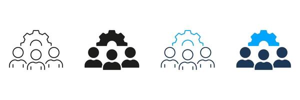 Project Management, Cooperation, Teamwork Line and Silhouette Icon Set. Employee Team with Gear Pictogram. Workforce Symbol. Editable Stroke. Isolated Illustration vector