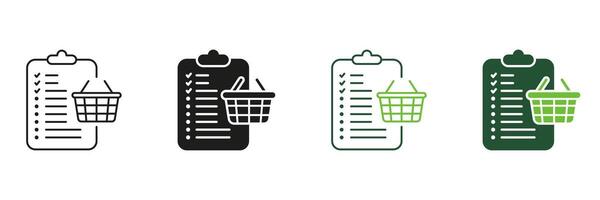 Purchase Checklist Line and Silhouette Icon Set. Grocery List to Buy Pictogram. Order List with Basket Symbol. Procurement Checkout Sign. Editable Stroke. Isolated Illustration vector
