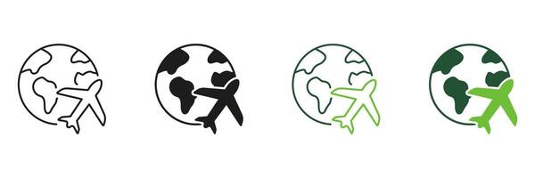 Globe with Plane Line and Silhouette Icon Set. Travel Around World Pictogram. Airplane with Planet Earth Symbol. Air Transport, Business Flight Sign. Editable Stroke. Isolated Illustration vector