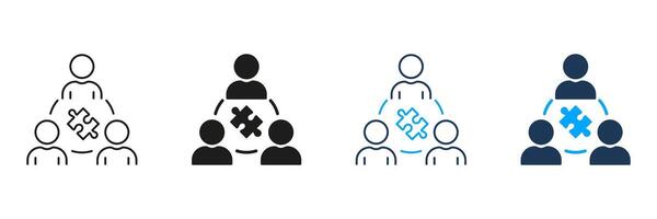 Puzzle Jigsaw and Partnership Success Line and Silhouette Icon Set. Unity, Team Building Pictogram. Business Community. Collaboration and Teamwork Icon. Editable Stroke. Isolated Illustration vector
