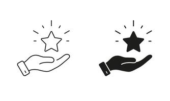Hand With Star. Best Quality Service Symbol. Customer Satisfaction Line and Silhouette Icon Set. Good Feedback Pictogram. Positive Review Sign. Editable Stroke. Isolated Illustration vector