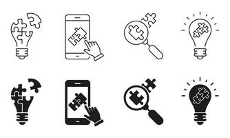 Inspiration for Innovation Line and Silhouette Icon Set. Search and Create Ideas. Success Innovation, Inspiration, Idea with Puzzle Icon. Editable Stroke. Isolated Illustration vector