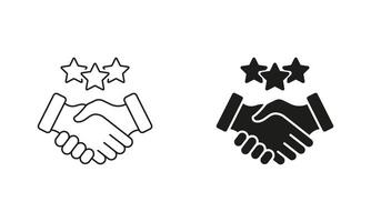 Best Partnership Line and Silhouette Icon Set. Handshake With Stars Pictogram. Client Review Symbol. Business Communication And Support. Editable Stroke. Isolated Illustration vector
