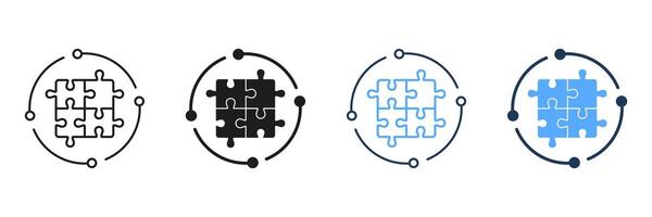 Puzzle, Jigsaw Solution Line and Silhouette Icon Set. Idea, Challenge Game, Teamwork Sign. Editable Stroke. Isolated Illustration vector