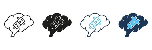 Puzzle and Human Brain Line and Silhouette Icon Set. Jigsaw Creative Mind Concept. Problem Solving and Find Solution Linear Pictogram Collection. Editable Stroke. Isolated Illustration vector