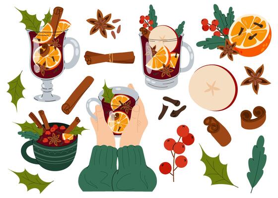 Hot drink with spices and fruits, autumn and winter drinks, traditional food. Set of ingredients for mulled wine. Flat illustration on white background.