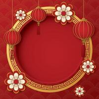 Abstract blank paper cut 3D circle frame illustration Chinese style with lanterns and flowers on red background. Chinese New Year greeting card square template have blank space. vector