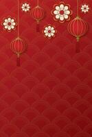 Abstract paper cut 3D lanterns and flowers illustration Chinese style on red background. Chinese New Year greeting card vertical template have blank space. vector