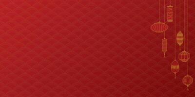 Hangling lantern hand drawn childish style on red background with oriental pattern.Chinese new year greeting card horizontal template have blank space. vector