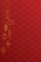 Hangling lantern hand drawn childish style on red background with oriental pattern.Chinese new year greeting card vertical template have blank space. vector