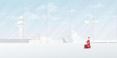 Santa Claus with luggage at the airport's terminal have plane, airport traffic control tower and snowfall through windows graphic illustration. vector