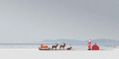 Minimalist countryside landscape in winter season with snowfall have Santa Clause and lazy reindeers on the local road graphic illustation. Merry Christmas greeting card template have blank space. vector