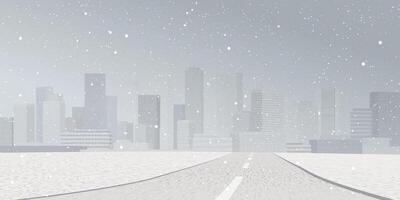 Road to the metropolis have snowfall with fog and dusk sky background graphic illustration. vector