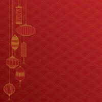 Hangling lantern hand drawn childish style on red background with oriental pattern.Chinese new year greeting card square template have blank space. vector