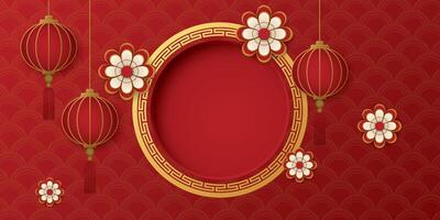 Abstract blank paper cut 3D circle frame illustration Chinese style with lanterns and flowers on red background. Chinese New Year greeting card template have blank space. vector