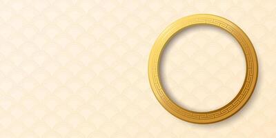 Abstract 3D golden ring oriental pattern style on cream background. Chinese New Year greeting card horizontal template have blank space. vector