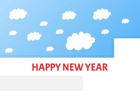 Red Happy New Year is on the white wall with a blue sky and clouds. For background, banner, wallpaper, website. vector