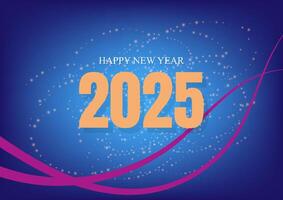 Happy New Year concept with yellow 2025 number on a blue background with pink ribbon and shiny golden star for banner, card and web. vector
