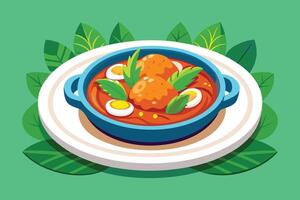 A bowl of food with eggs and vegetables on a green background vector