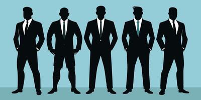 Silhouettes of business men standing in front of a blue background vector