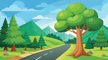 illustration of a road in the forest with a tree and mountains vector