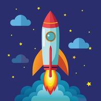 A rocket is flying through the sky with clouds and stars vector