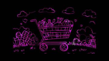 Neon frame effect, Shopping Cart Symbolizing grocery shopping on black background video
