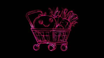 Neon frame effect, Shopping Cart Symbolizing grocery shopping on black background video