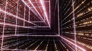 Flying into digital technologic square shaped data matrix portal. Futuristic glow sci-fi 3d render. video