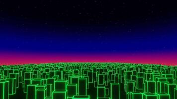 Seamless flight over the futuristic neon city. 80s retrowave background 3d animation. VJ loop. video