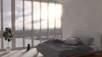 DEFOCUSED LOOPED BACKGROUND Empty bed in modern interior at sunrise. Winter time Window sunny snowy forest in the background. Cat looking at window. 3d render. Replacing green screen background video