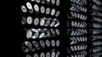 Futuristic technology structure. Movement along abstract wall of cubic and circle shapes with light effects. video