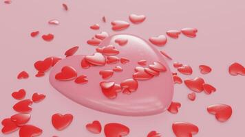Lots of red hearts falling on pink background. Valentines day concept. 3d render. video