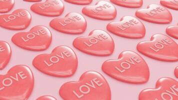 Red Hearts with word love Moving in in rows with a seamless repeating loop. Valentines day concept. 3d render. video