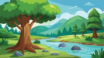 illustration of a cartoon landscape with a river and trees vector
