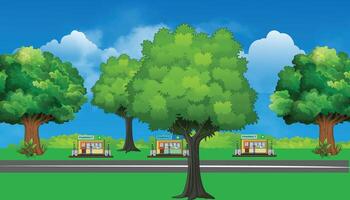 A cartoon scene of a bus on a road vector