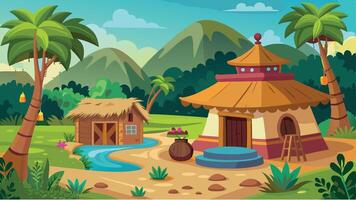 Cartoon illustration of a village with a hut and palm trees vector