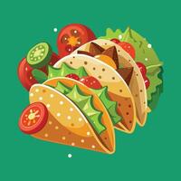 Tacos on a green background with tomatoes and lettuce vector