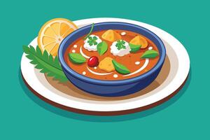 A bowl of curry with a slice of lemon on it vector