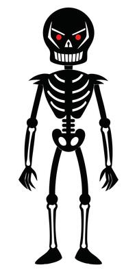 A cartoon skeleton with red eyes