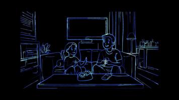 Neon frame effect, Remote Control Symbol for family entertainment on black background video