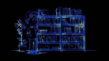Neon frame effect, Bookshelf Represents organizing family books and materials on black background video