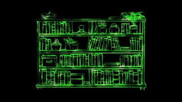 Neon frame effect, Bookshelf Represents organizing family books and materials on black background video