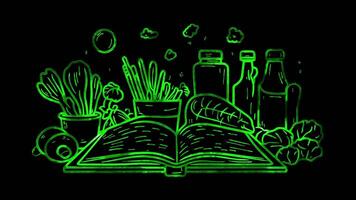 Neon frame effect, Recipe Book Symbol for meal planning on black background video
