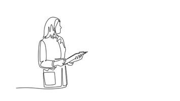 Animated self drawing of continuous line draw group of team work doctors diagnosing patient illness while discussing his x-ray photo result. Medical health care service. Full length one line animation video