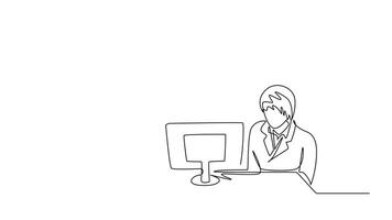 Self drawing animation of single line draw group of young doctor discuss proper treatment while watching medical record patient on computer. Hospital health care. Continuous line. Full length animated video