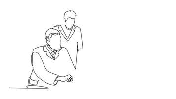Animated self drawing of continuous line draw group of male and female team doctors discussing and diagnosing patient disease at hospital room. Medical meeting teamwork. Full length one line animation video