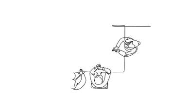 Animated self drawing of continuous line draw top view group of team doctors held conference at meeting room to discuss hospital working programs. Medical care teamwork. Full length one line animation video
