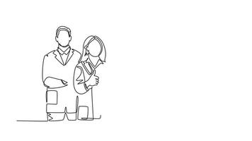 Animated self drawing of continuous line draw group happy doctors giving thumbs up gesture for best healthcare service in hospital. Medical great team work concept. Full length single line animation video